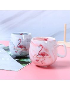 Порцеланова чаша за кафе/чай в розов цвят с декор фламинго и мраморен ефект