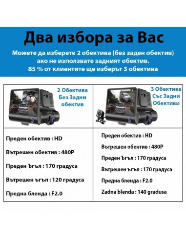 Видеорегистратор Full HD 1080P с 3 камери и 4 инчов дисплей