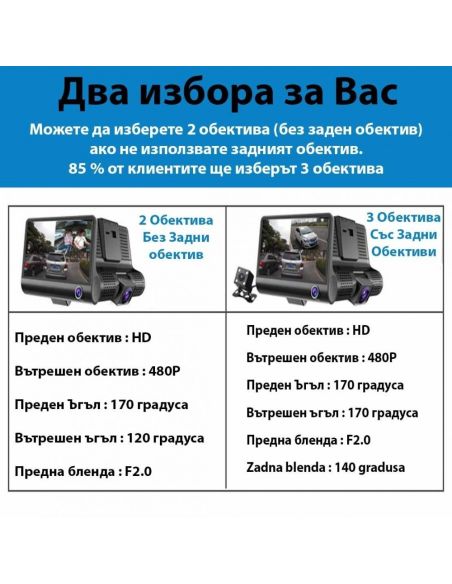 Видеорегистратор Full HD 1080P с 3 камери и 4 инчов дисплей