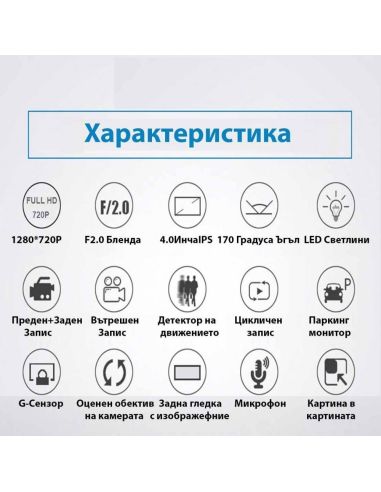 Видеорегистратор Full HD 1080P с 3 камери и 4 инчов дисплей