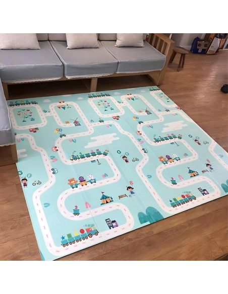 Сгъваемо детско килимче за игра, топлоизолиращо 180x200x1cm - Жираф и Писта с ВЛАКЧЕТА