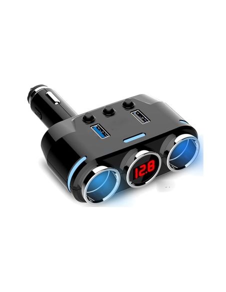 Разклонител за запалка  B39, 2 гнезда, 2 USB, Волтметър, Бутони за изключване