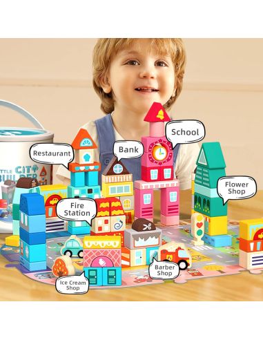 Дървен конструктор "Little City Builder" - Комплект от 100 части