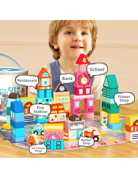 Дървен конструктор "Little City Builder" - Комплект от 100 части