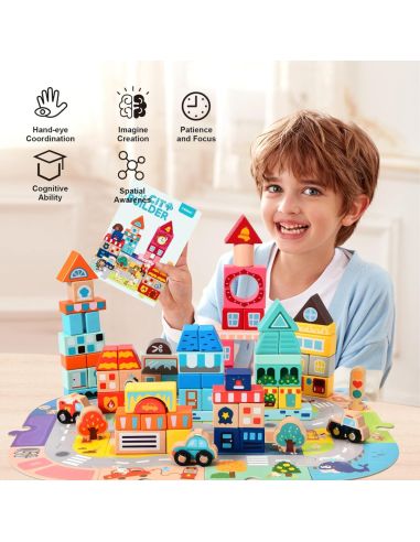 Дървен конструктор "Little City Builder" - Комплект от 100 части