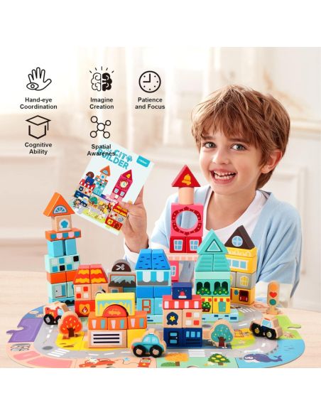 Дървен конструктор "Little City Builder" - Комплект от 100 части