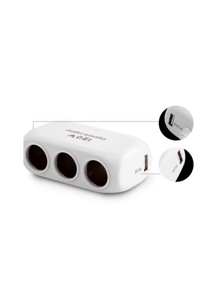 Троен разклонител за запалка за кола и 2 USB