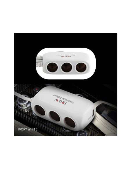 Троен разклонител за запалка за кола и 2 USB