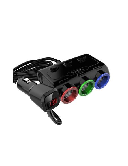 Автомобилен разклонител с 3 куплунга, USB и Волтметър