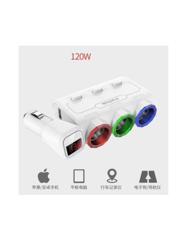 Автомобилен разклонител с 3 куплунга, USB и Волтметър