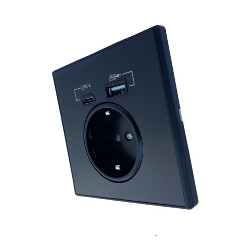 Електрически Контакт с USB Зарядно  Черен Мат, Пластмасов Корпус