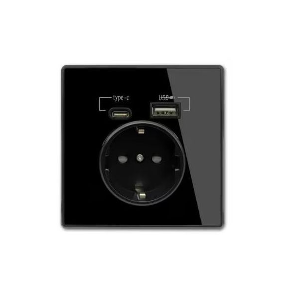 Електрически Контакт с USB Зарядно  Черен Мат, Пластмасов Корпус