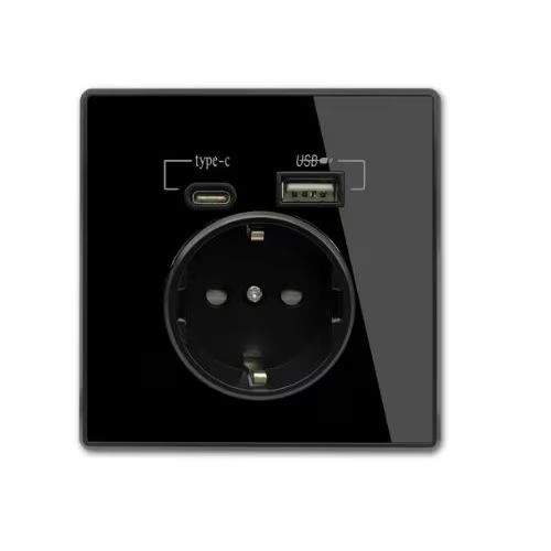 Електрически Контакт с USB Зарядно  Черен Мат, Пластмасов Корпус