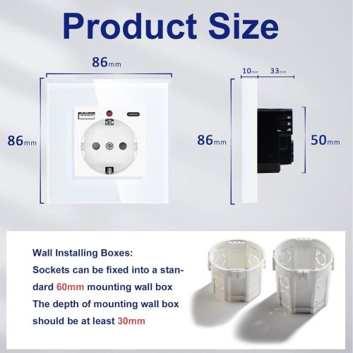 Елегантен Контакт 16A с USB Зареждане – Стъклен Панел, Бял Цвят