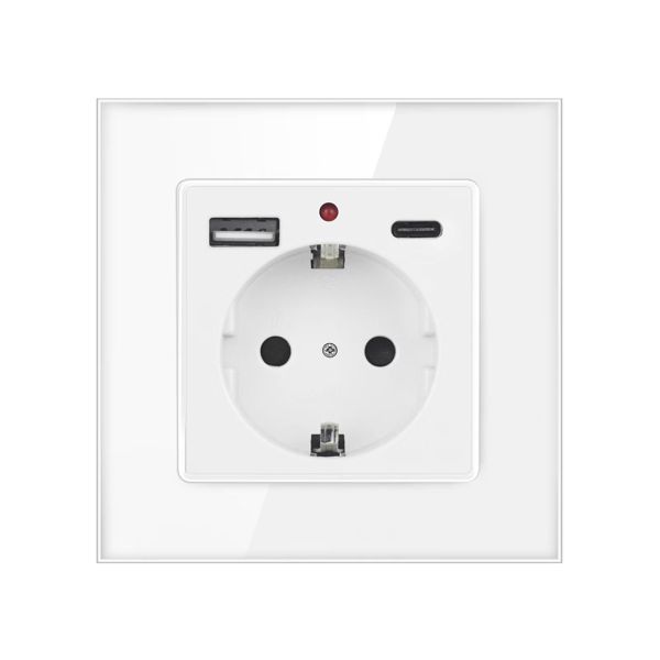 Елегантен Контакт 16A с USB Зареждане – Стъклен Панел, Бял Цвят