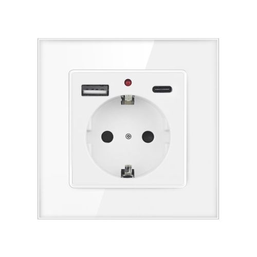 Елегантен Контакт 16A с USB Зареждане – Стъклен Панел, Бял Цвят
