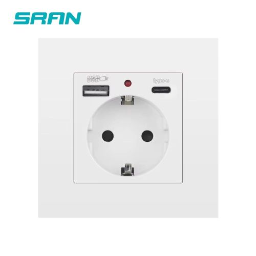 Компактен Шуко Контакт с USB и Type-C – Бял, Пластмасов