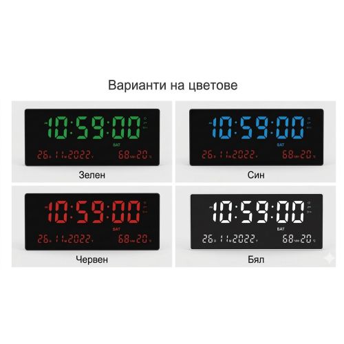 Голям стенен часовник с LCD дисплей с термометър и дата и различни цетове на цифрите