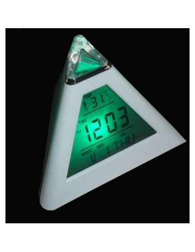LED будилник и метеостанция с форма на пирамида светещ в 7 цвята