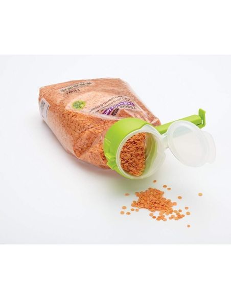 Щипка за торбички с капачка за отсипване на насипни продукти