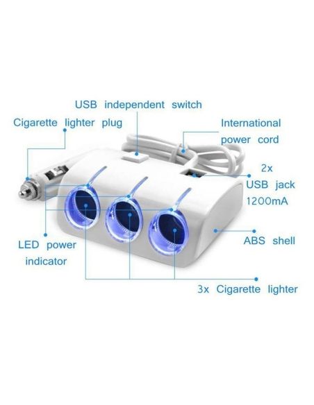 Разклонител за запалка в автомобил с 3 куплунга и 2 бр. USB